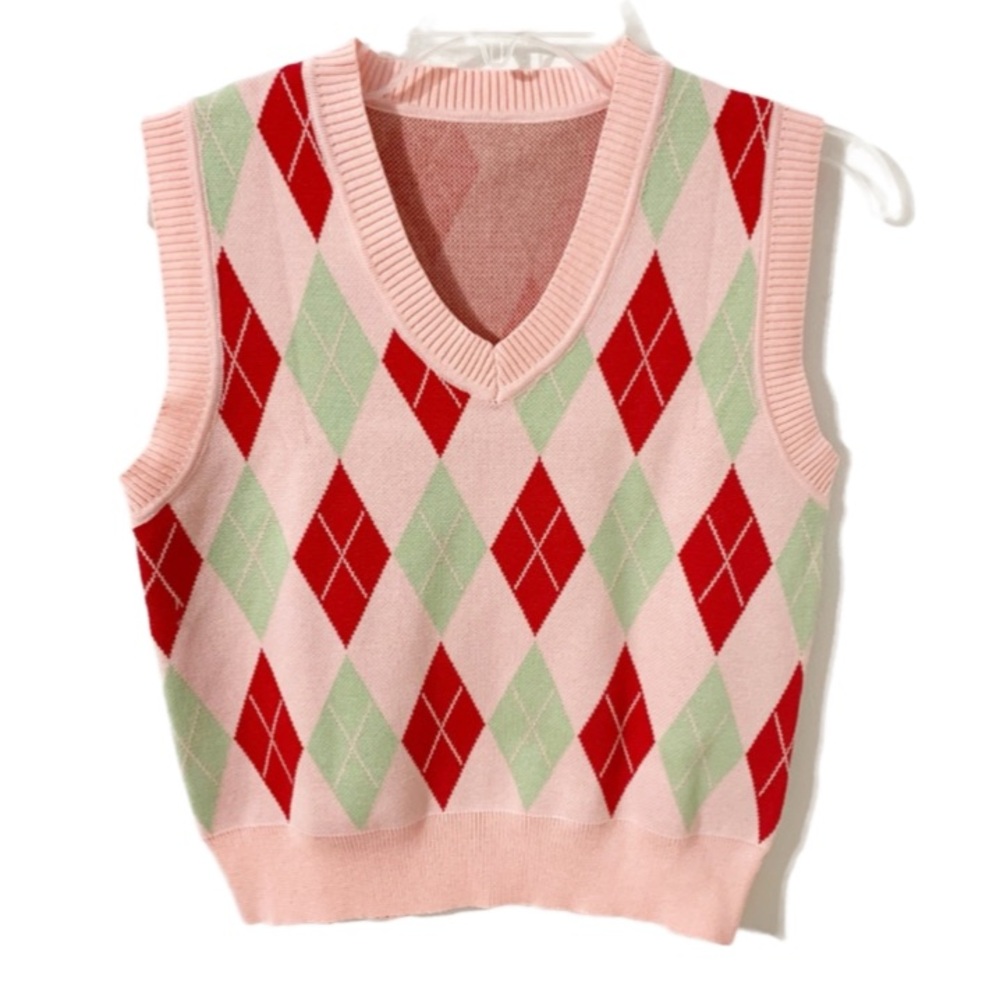 Shein V-neck Argyle Patterned Sweater Vest Ribbed Waist Neck Arm Holes 🩷❤️💚